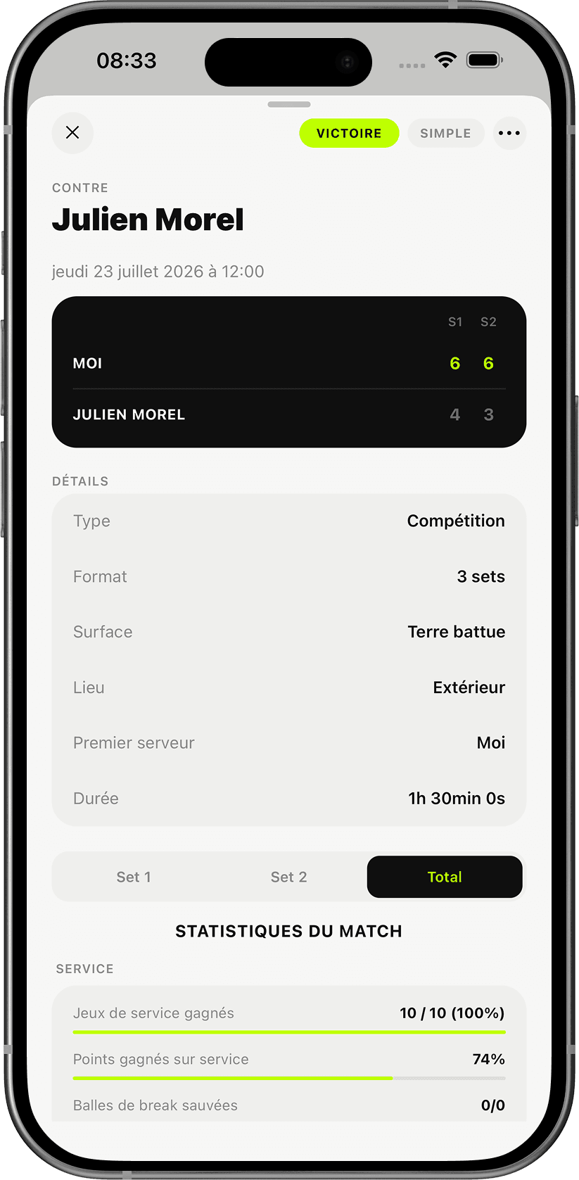 Détail d'un match dans l'application Slace