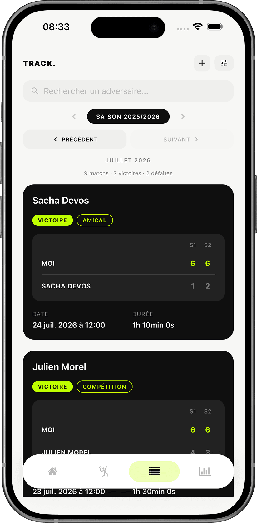 Mock-up de l'historique des matchs dans l'application Slace