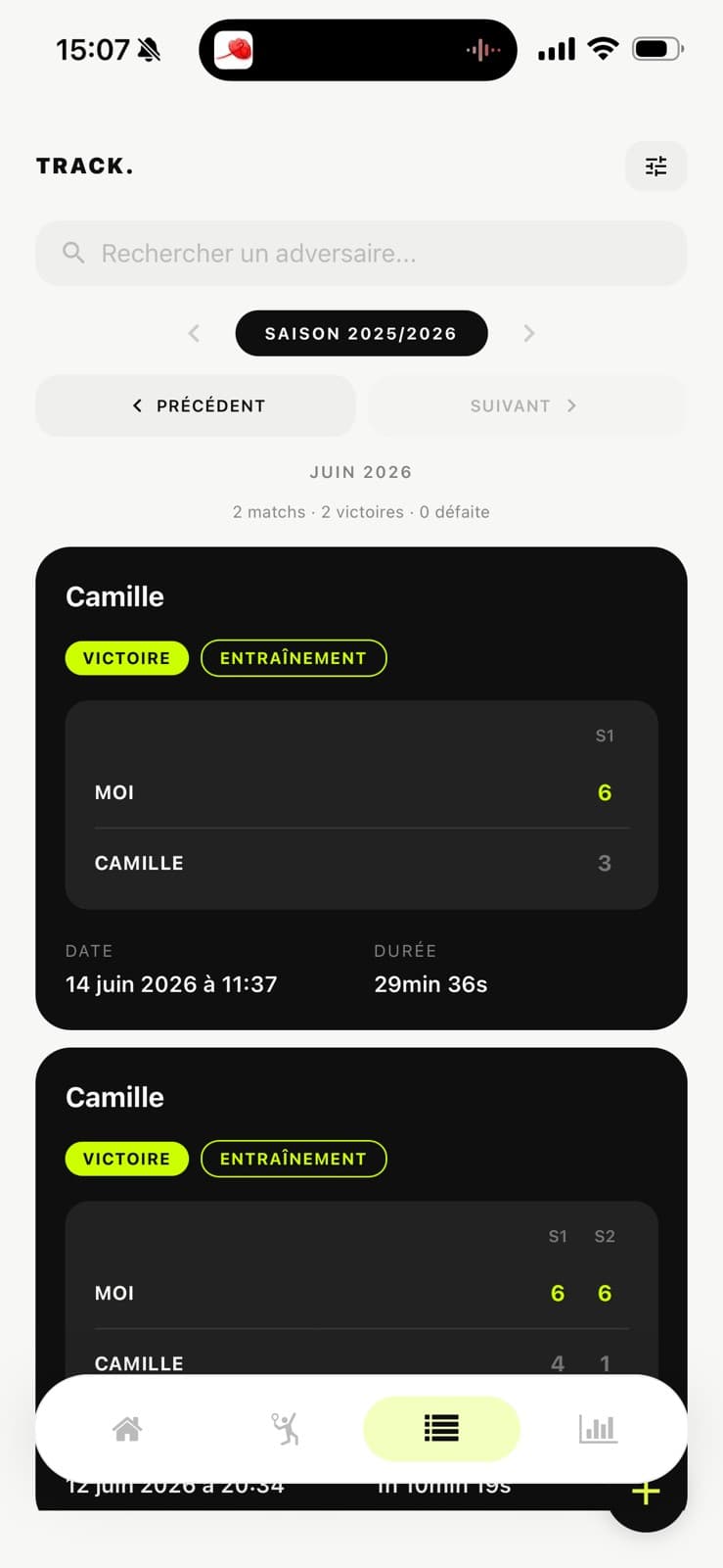 Historique des matchs dans l'application Slace